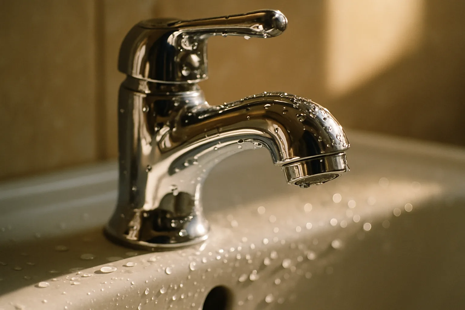 Glanzend gepoetste kraan met waterdruppels in warm zonlicht