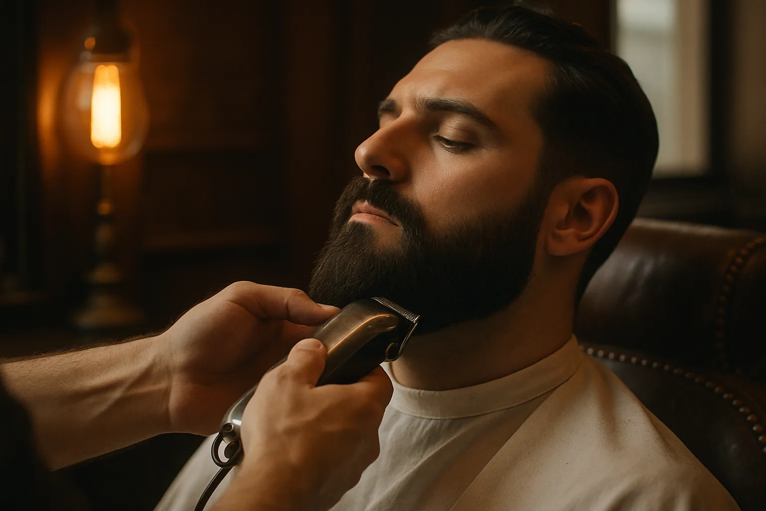 Baard wordt strak getrimd met tondeuse