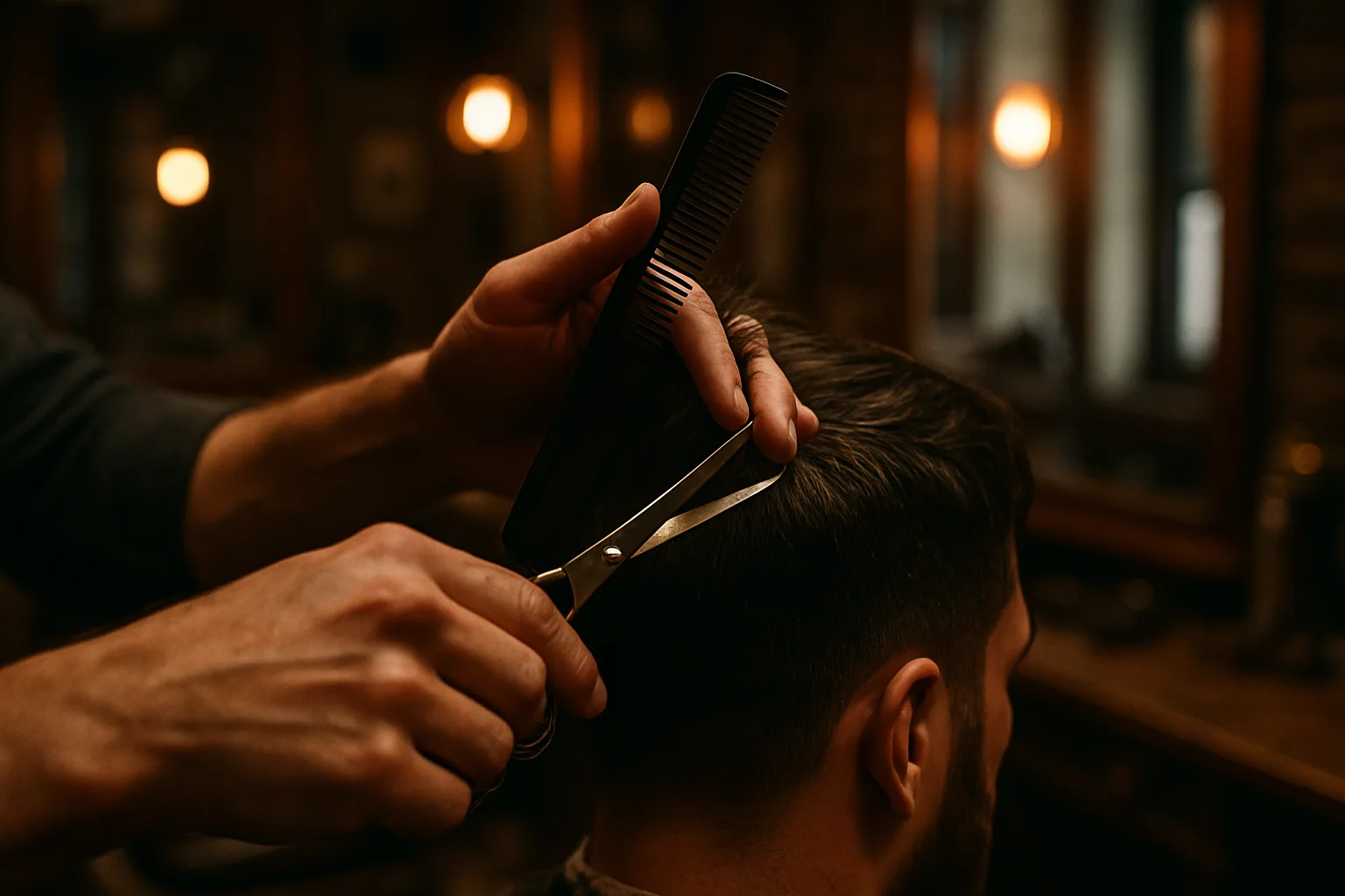 Barbier knipt haar met schaar en kam