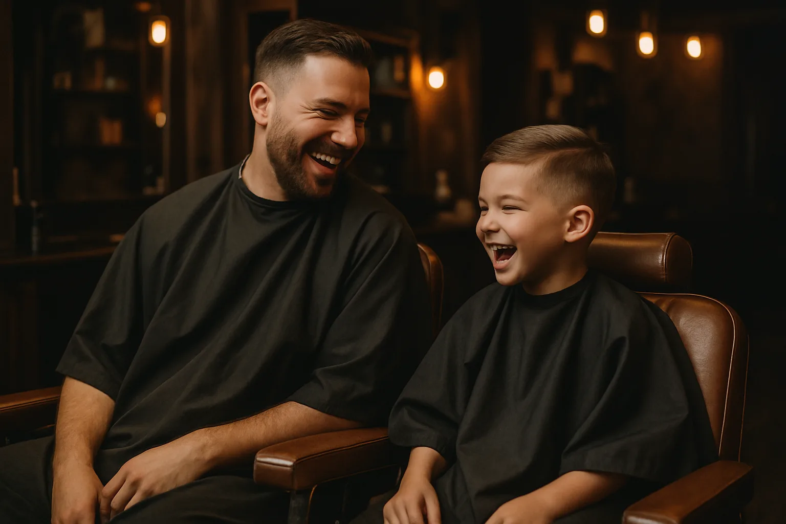 Vader en zoon met verse kapsels voor de spiegel