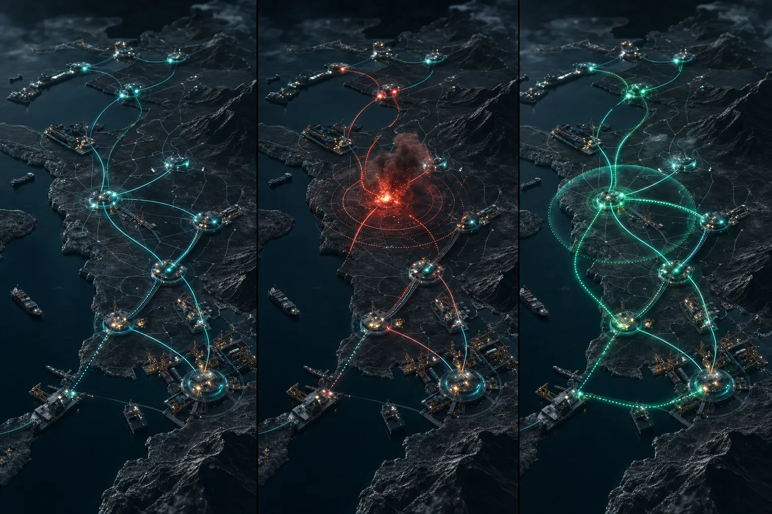 Predictive reroute event states: nominal flow, disruption detected, and optimized reroute across the network