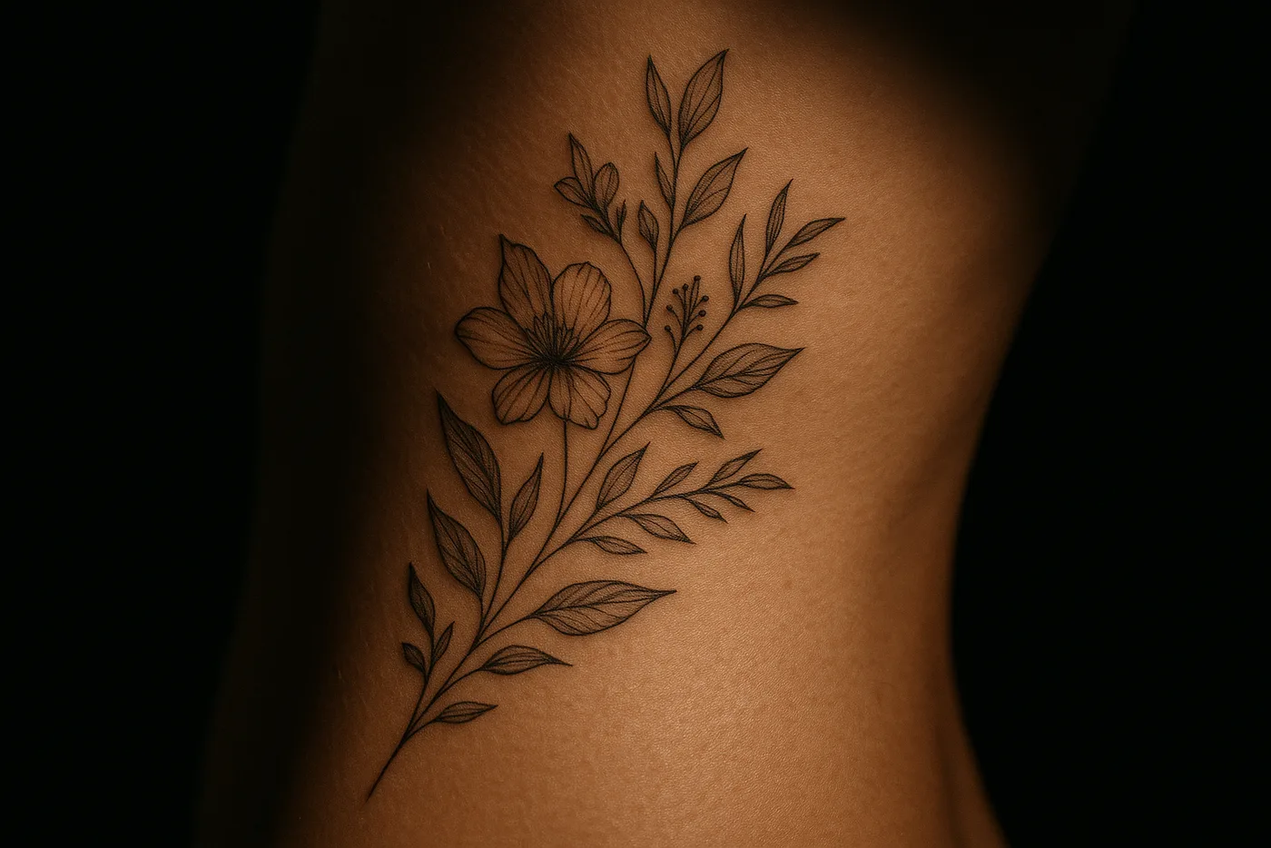Fine-line botanical tattoo along a ribcage