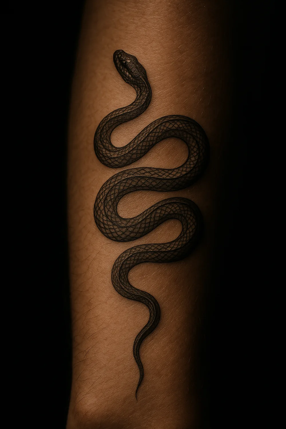 Fine-line serpent coiling a forearm