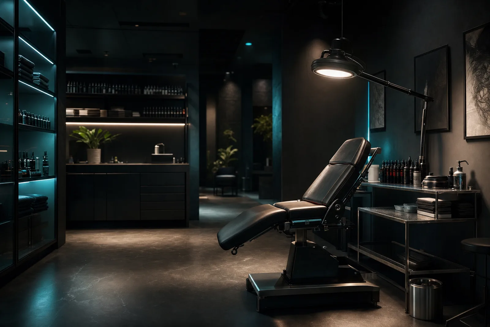 A dark, private tattoo studio interior