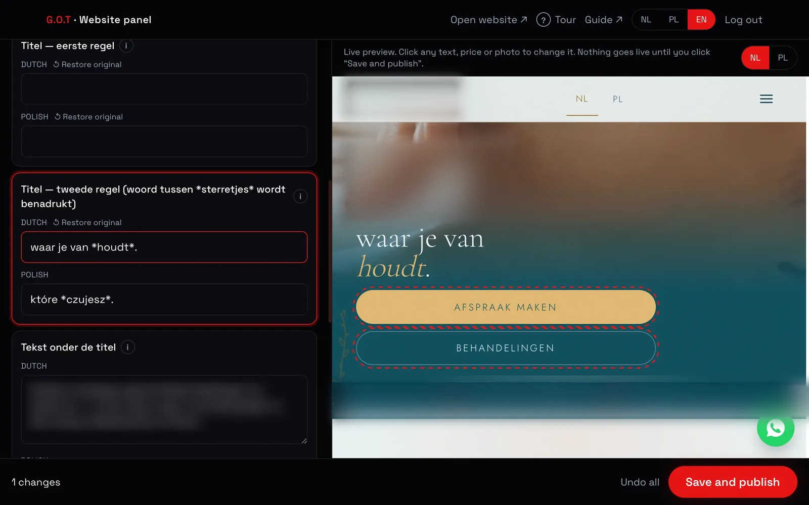 The G.O.T website panel: text fields in Dutch and Polish on the left, a live preview of the website on the right