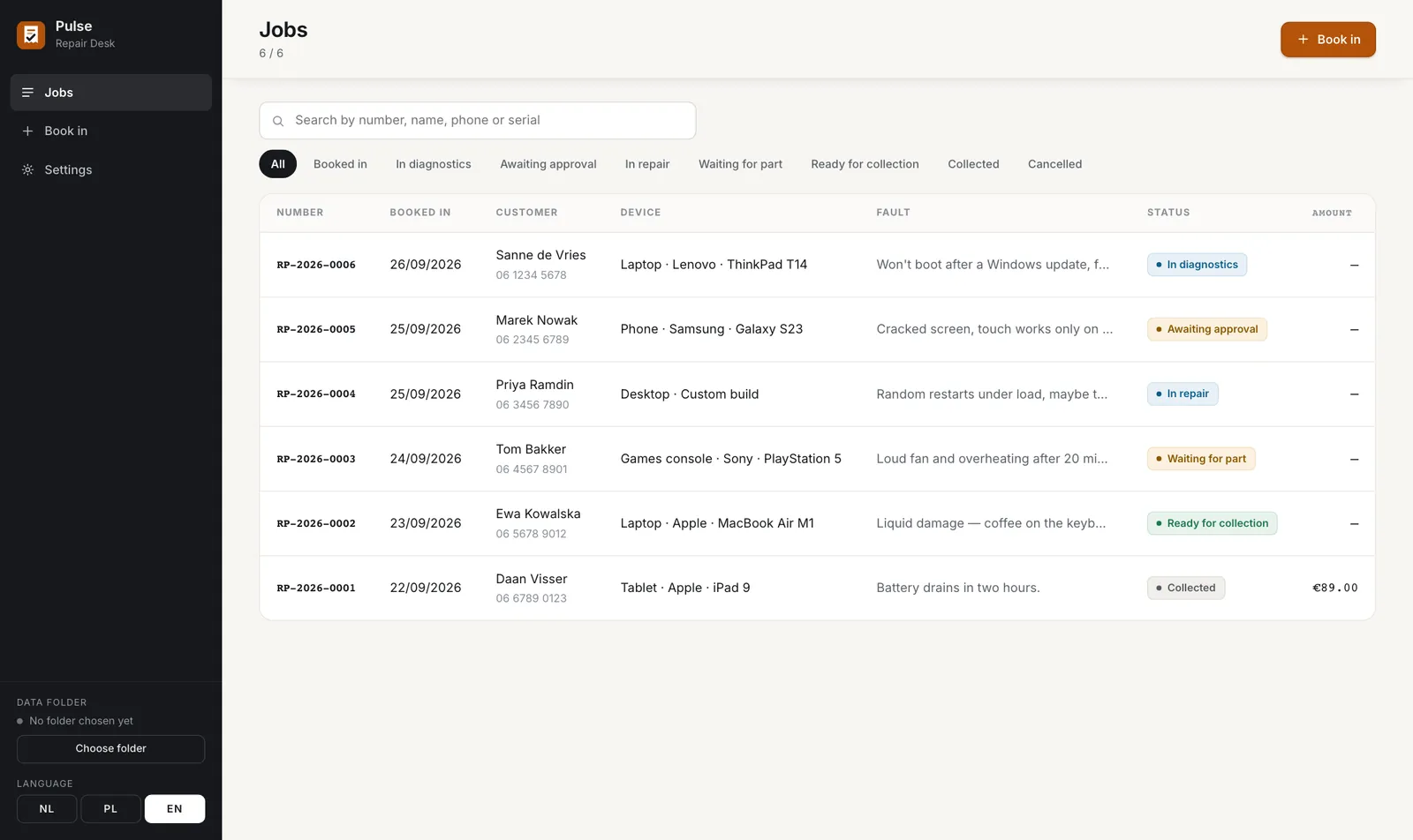 Pulse, the job list of a repair desk: numbered jobs with customer, device, fault and status